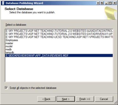 “数据库发布向导”窗口的屏幕截图，其中显示了数据库列表中突出显示的数据库和填充的“脚本所有对象”复选框。