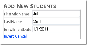 Internet Explorer 窗口的屏幕截图，其中显示了“添加新学生”视图，其中将 John Smith 的姓名和注册日期填充到文本字段中。