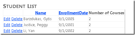 Internet Explorer 窗口的屏幕截图，其中显示了包含学生表的“学生列表”视图。