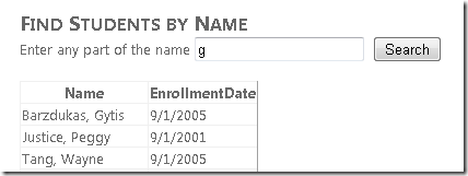 Internet Explorer 窗口的屏幕截图，其中显示了“按姓名查找学生”视图，其中在搜索查询中输入了字母 g。