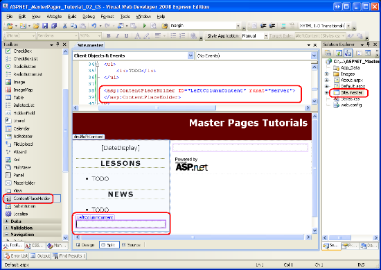 将 ContentPlaceHolder 控件添加到母版页的左列