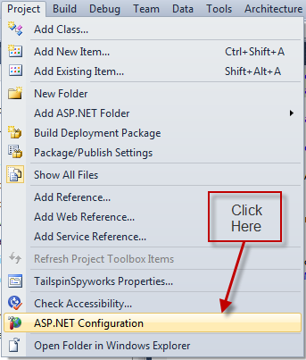 显示选择“A S P dot NET 配置”的位置的屏幕截图。