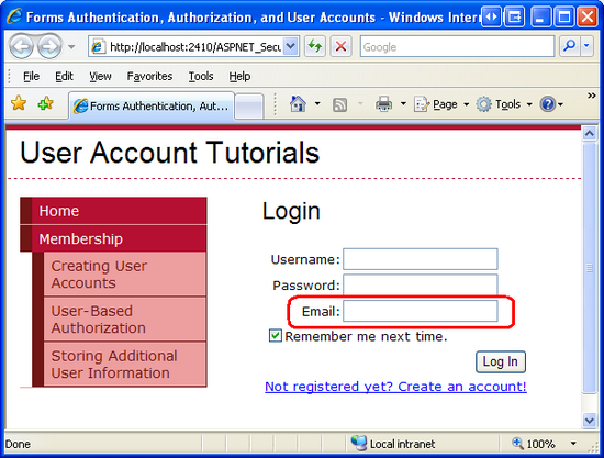 登录控件现在包括用户Email地址的文本框