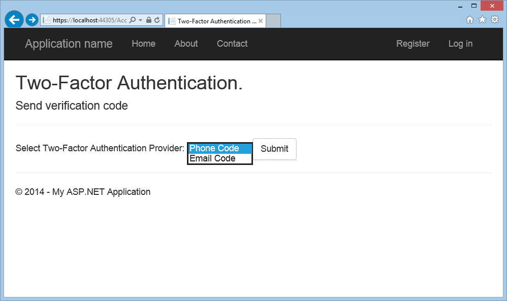 Two-Factor身份验证浏览器窗口的屏幕截图，其中显示了“选择Two-Factor身份验证提供程序”下拉列表。