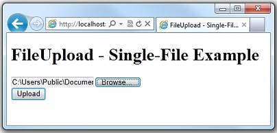 “文件上传单个文件示例”Web 浏览器页面的屏幕截图，其中显示了包含所选文件和“上传”按钮的文件选取器。