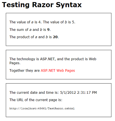 浏览器窗口中运行的“测试 Razor”页的屏幕截图，其中显示了已解析的值和表达式的三个框。