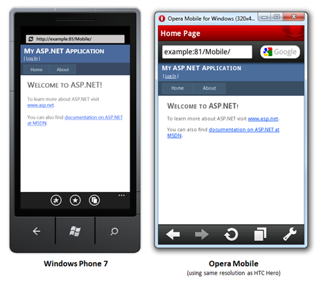 Windows Phone 7 和 Opera Mobile 上显示的两个移动Web Forms应用程序的屏幕截图。