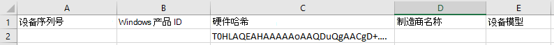 Excel 中 CSV 文件的屏幕截图，其中“硬件哈希”列中的哈希值。
