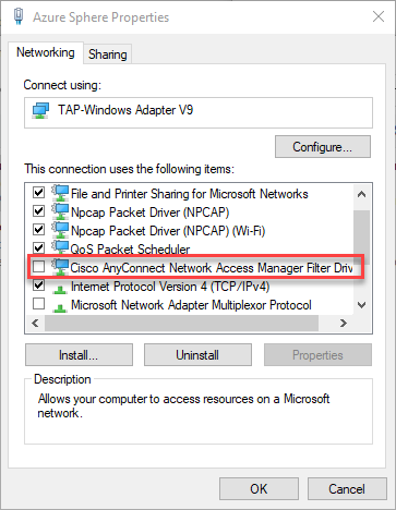 TAP-Windows 适配器属性,其中显示了未选中的 Cisco AnyConnect 项