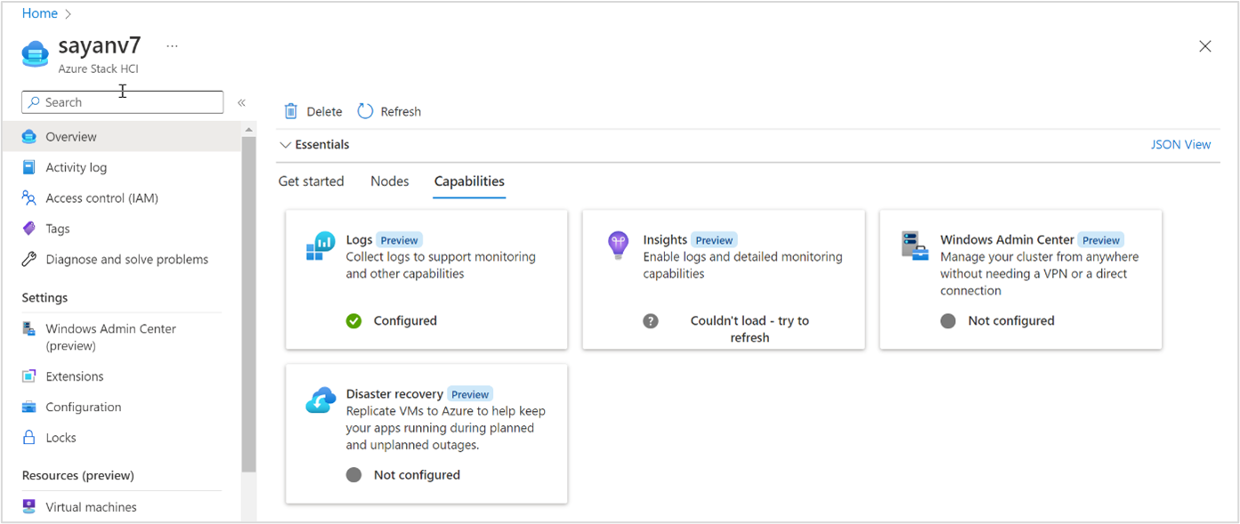 Azure 本地资源的Azure 门户“功能”选项卡的屏幕截图。