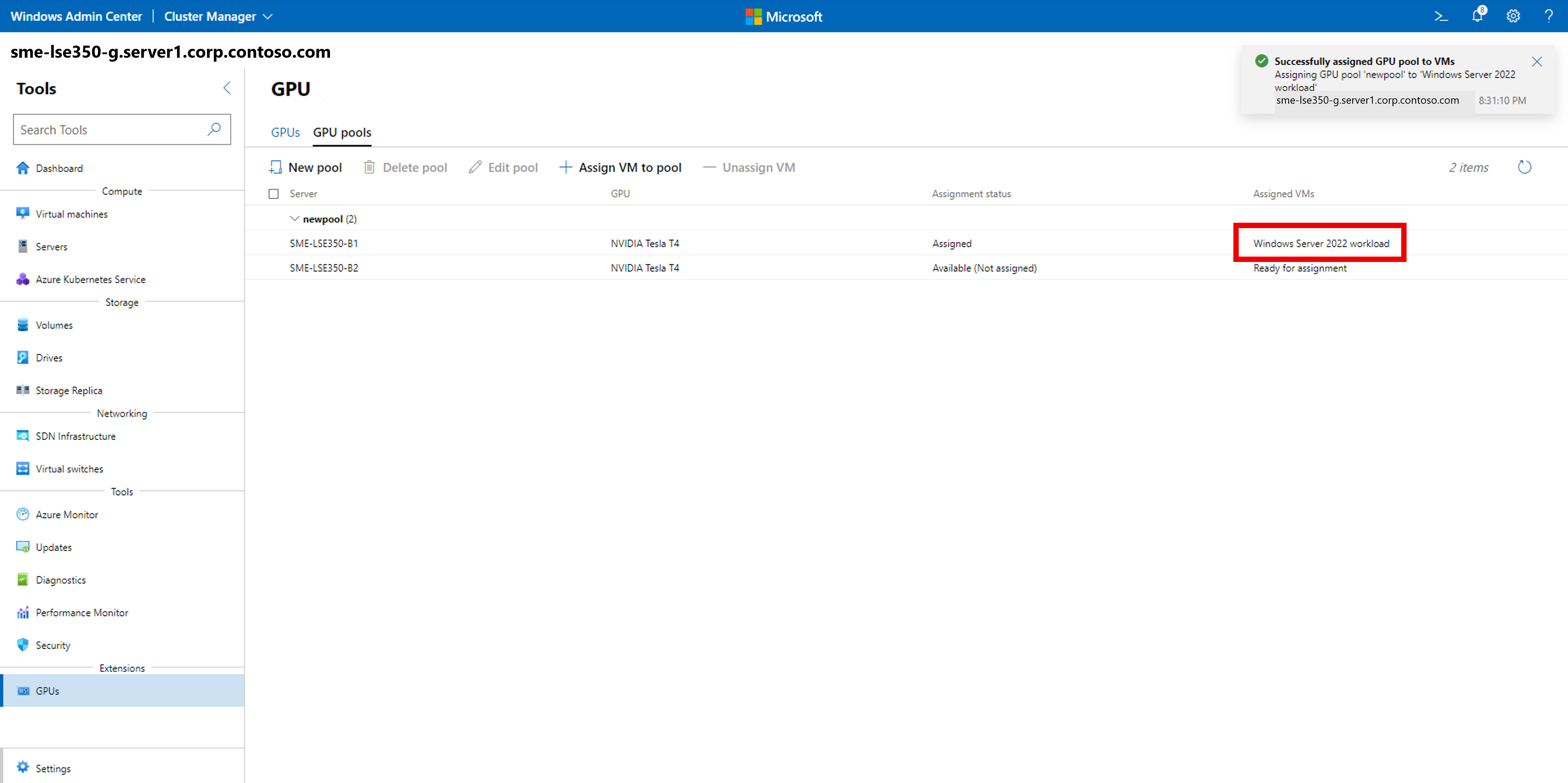 成功提示的屏幕截图,其中显示了分配给 VM 的 GPU 以及显示在“已分配 VM”下的 VM。