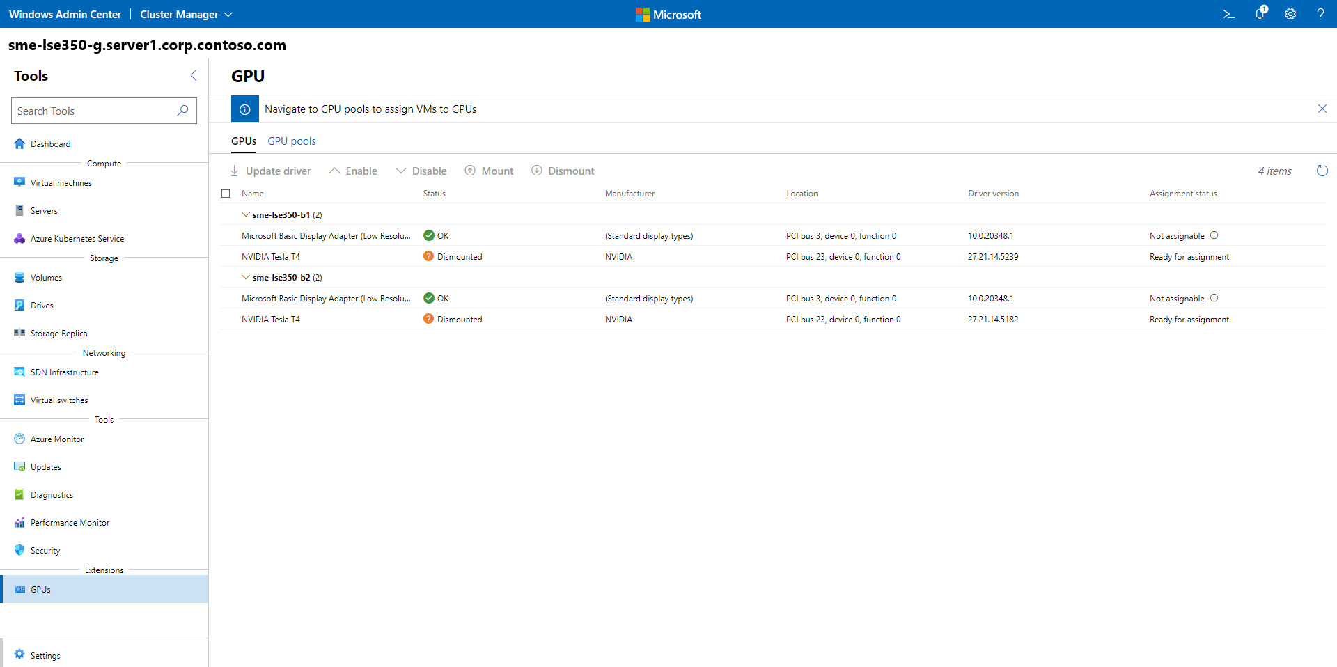 Windows Admin Center 中 GPU 工具的屏幕截图。