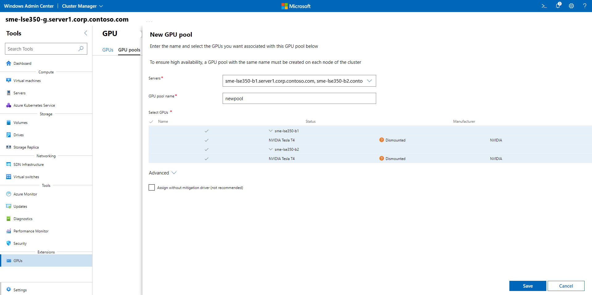 Windows Admin Center 中用于指定服务器、池名称和 GPU 的“新建 GPU 池”页面的屏幕截图。