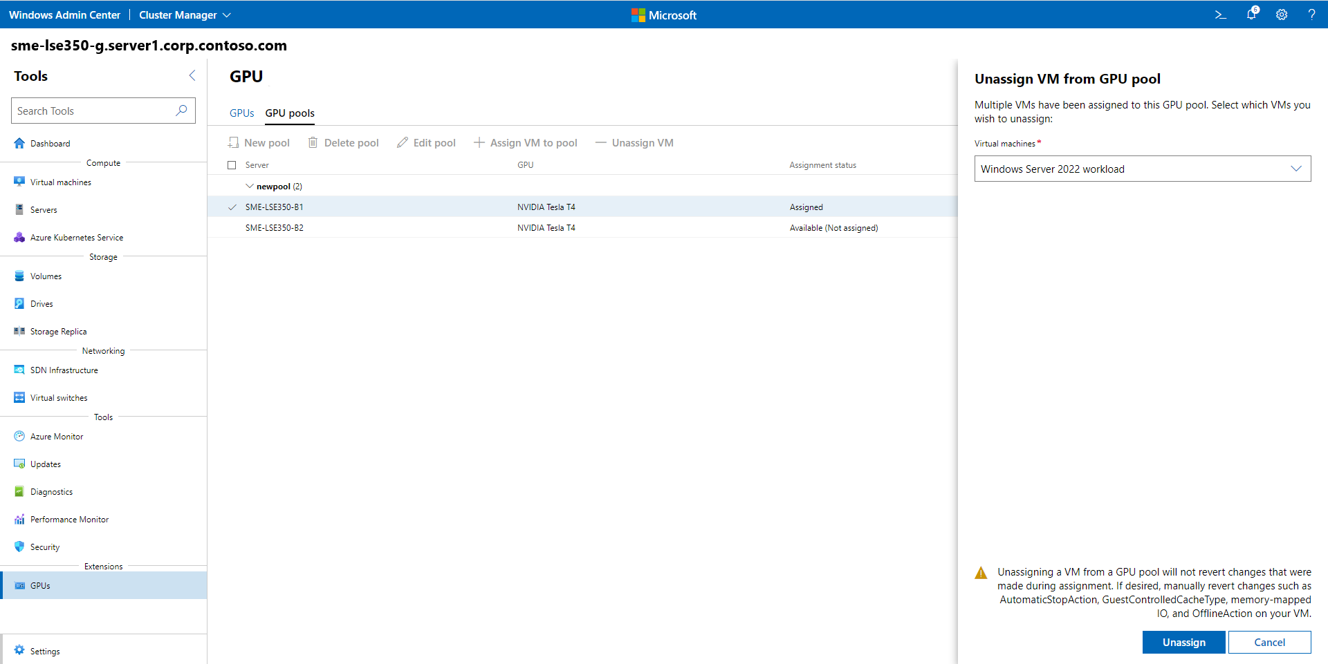 该屏幕截图显示了“取消从 GPU 池分配 VM”页,其中显示了要取消分配的 VM。