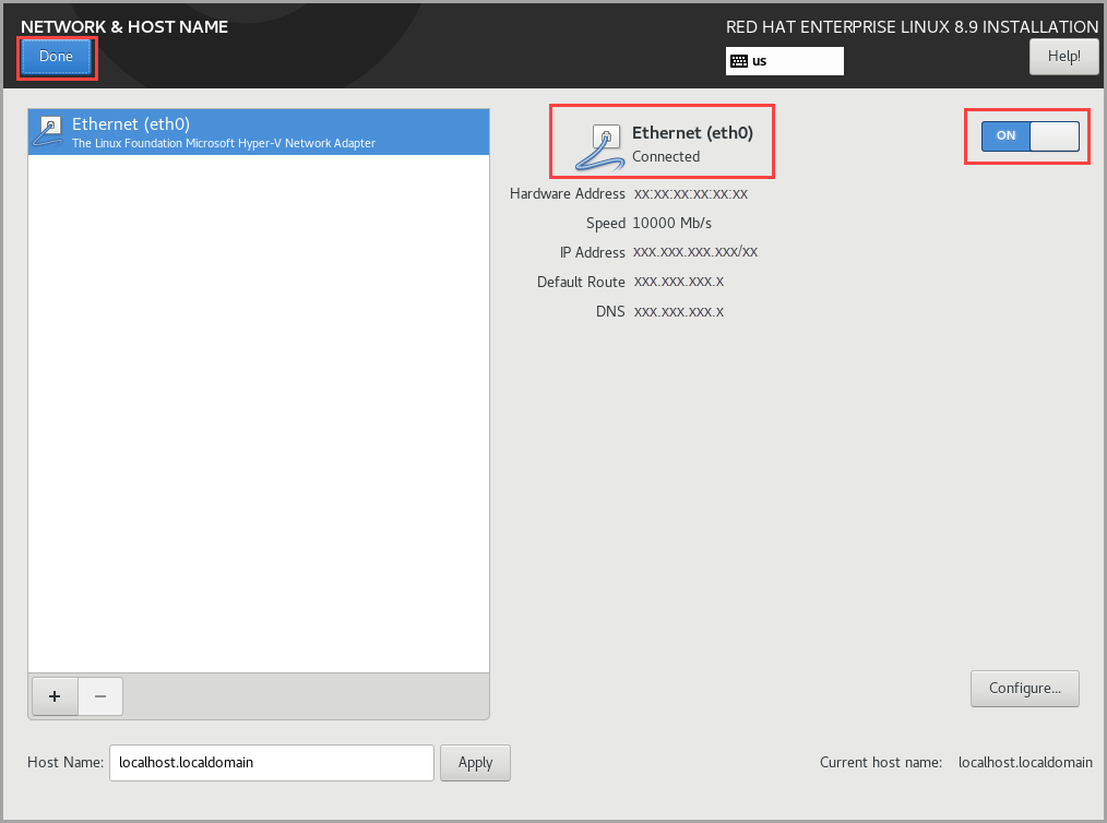 显示“网络和主机名”页的屏幕截图。