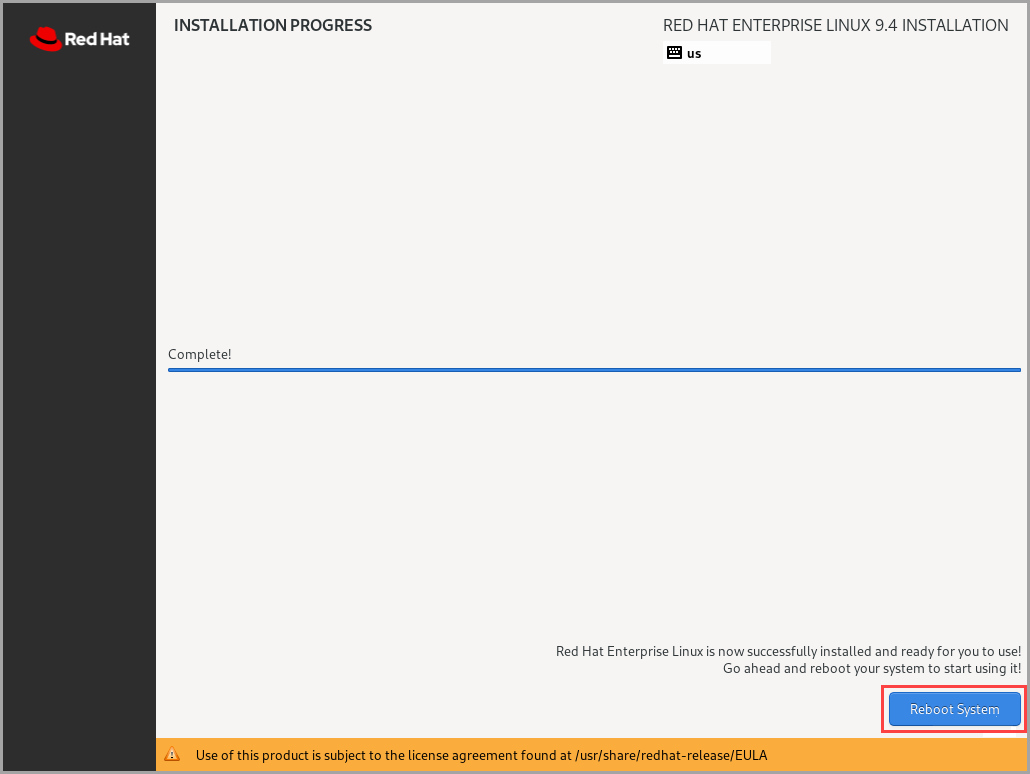 显示安装后“重新启动系统”按钮的屏幕截图。