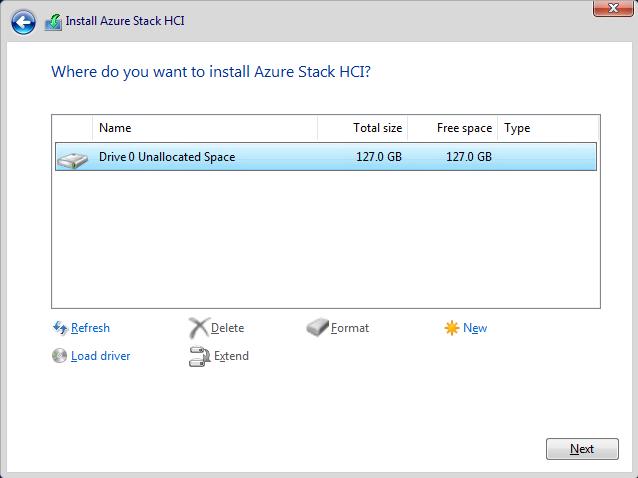 “安装 Azure Stack HCI”向导的驱动器位置页。