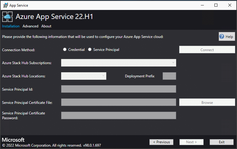 屏幕截图,显示在应用服务安装程序中的何处指定 Azure Stack Hub 订阅信息。