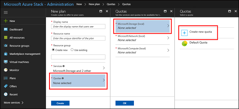 Specify quotas for new plan in Azure Stack Hub