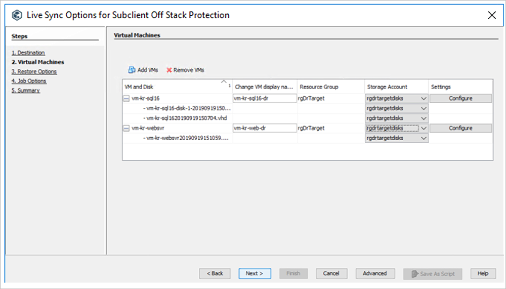 子客户端“Off Stack Protection”的“实时同步选项”向导的“虚拟机”步骤允许你添加和删除 VM。
