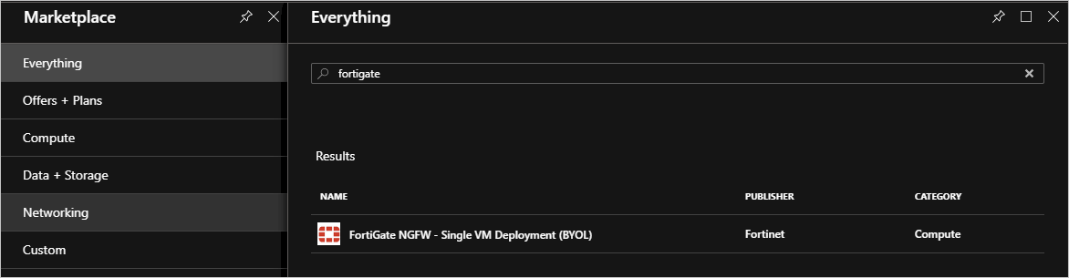 屏幕截图显示的是搜索“fortigate”后的单行结果。找到的项目的名称为“FortiGate NGFW - Single VM Deployment (BYOL)”。