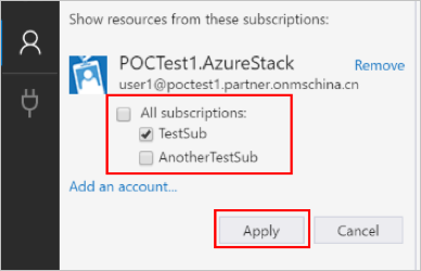 填充“自定义云环境”对话框后，选择 Azure Stack Hub 订阅