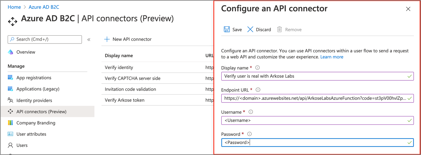 “配置 API 连接器”中的“显示名称”、“终结点 URL”、“用户名”和“密码”的屏幕截图。