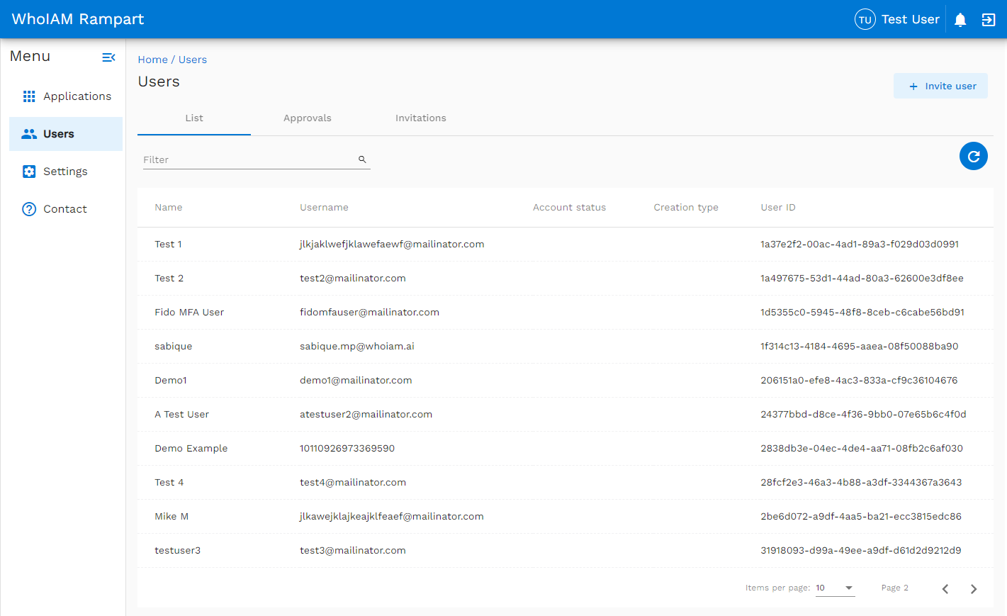 Azure AD B2C 租户中 WhoIAM Rampart 用户列表的屏幕截图。