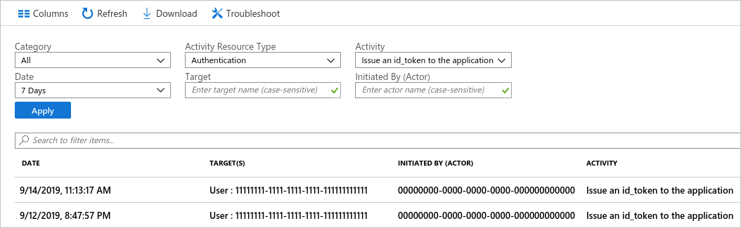 在 Azure 门户中使用筛选器后显示的两个活动事件示例