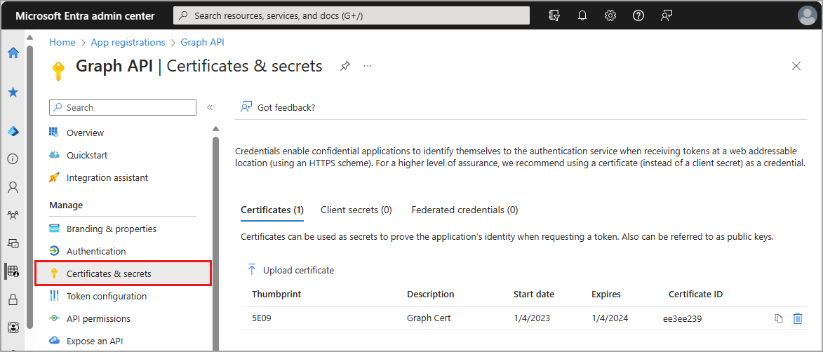 Microsoft Entra ID 的“证书和机密”部分的屏幕截图。