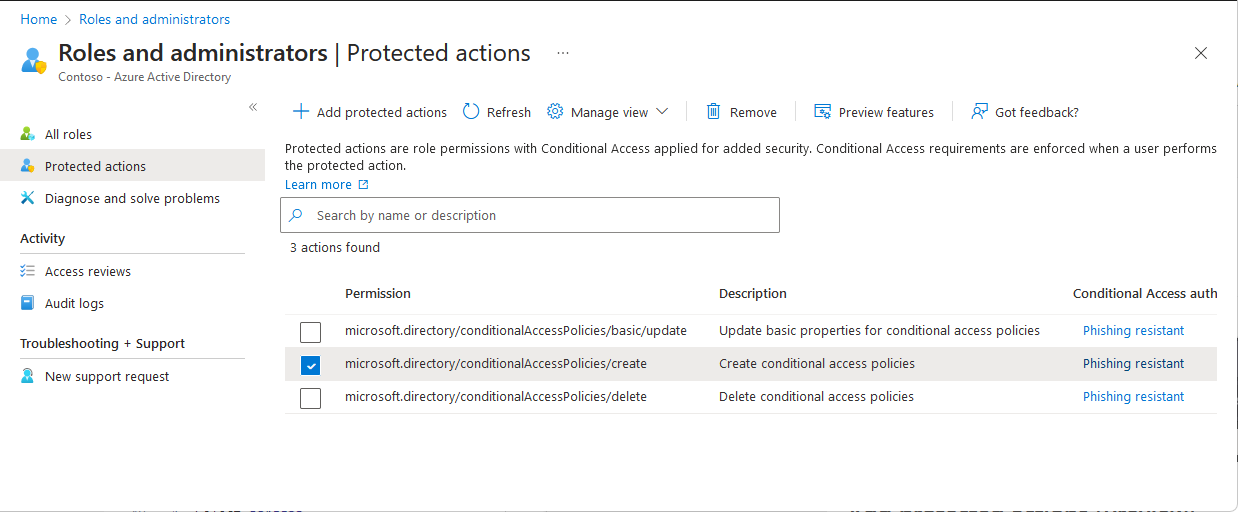 Screenshot of Protected actions page with permission selected to remove.