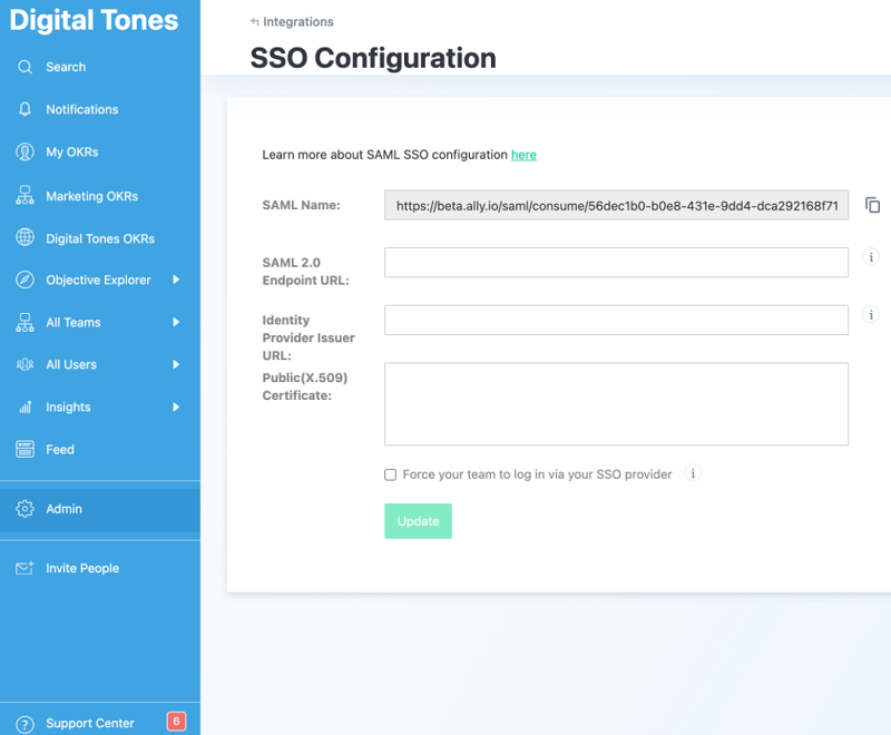 Screenshot that shows the S S O configuration pane in Ally I O.