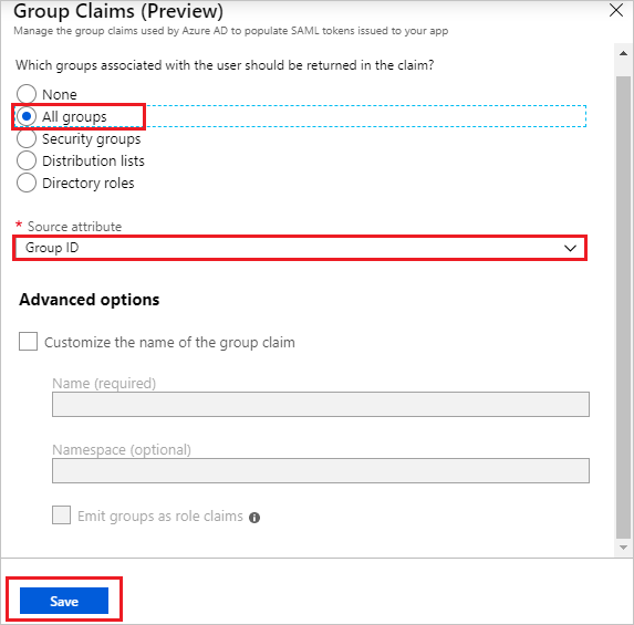 Screenshot shows Group Claims with All groups and Group I D selected and the Save button called out.