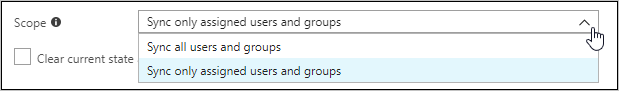 Screenshot showing the Scope list box. Sync only assigned users and groups is selected in the box.