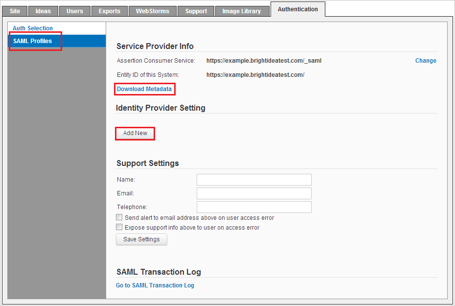 Screenshot shows the Brightidea Authentication tab with SAML Profiles selected, which provides options to Download Metadata and Add New.