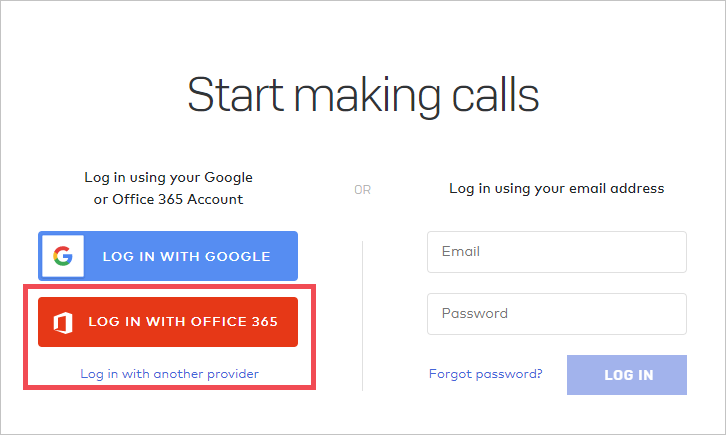 Screenshot of the Start making calls page in the Dialpad website. The Log in with Office 365 button is highlighted.