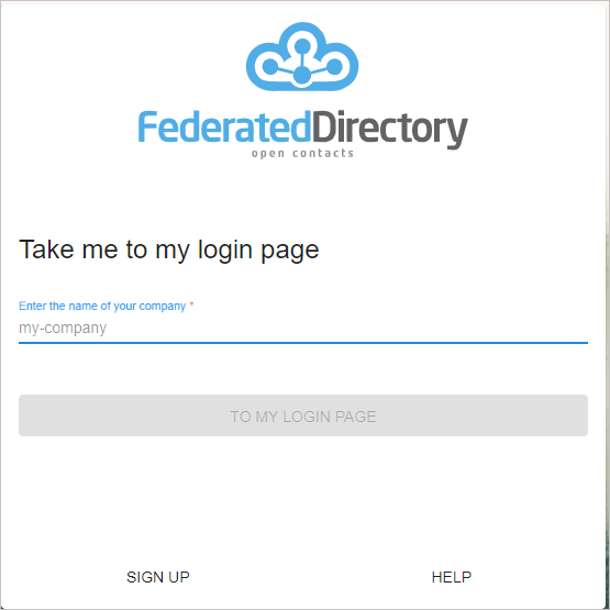 Screenshot of the Federated Directory admin console showing a field for entering a company name. Sign in buttons are also visible.