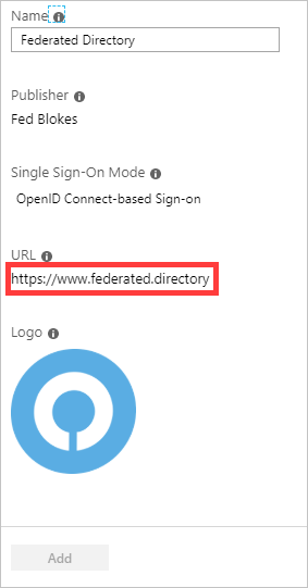 Screenshot of a page in the Azure portal that displays information on Federated Directory. The U R L value is highlighted.