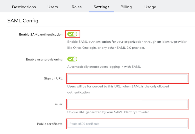 Screenshot that shows the SAML Config pane with configuration options highlighted.