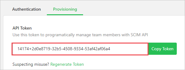 Screenshot of a Provisioning tab on the Flock website. Under A P I token, a value is highlighted. Next to the token is a Copy token button.