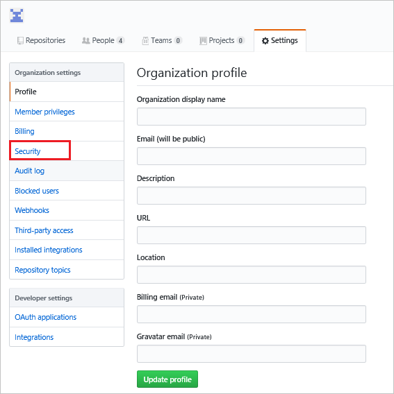 显示 GitHub“组织设置”菜单的屏幕截图,其中已选择“安全性”。