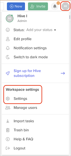 Screenshot shows the Hive website with Your workspace selected from the menu.