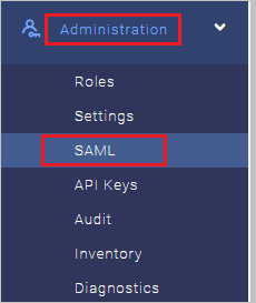 Screenshot shows SAML selected from the Administration menu.