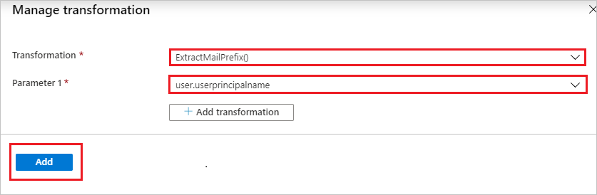 Screenshot of Manage transformation section, with various fields highlighted.