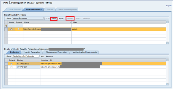 The Save and Enable options in SAP