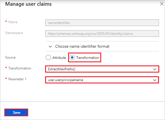 The Transformation section in the Manage user claims pane