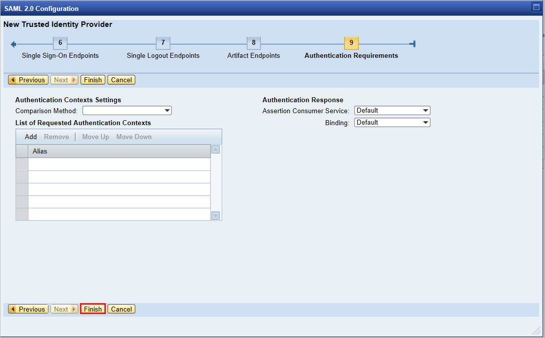 Authentication Requirements options and the Finish option in SAP