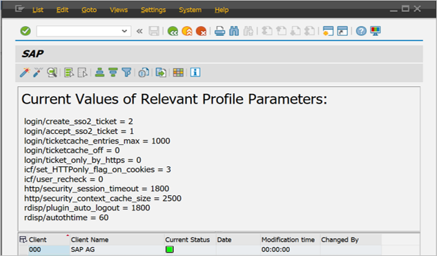 The Current Values of Relevant Profile Parameters page in SAP