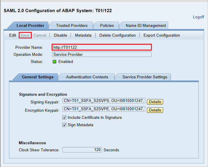The updated provider name in the SAML 2.0 Configuration of ABAP System T01/122 page in SAP
