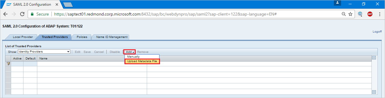 The Add and Upload Metadata File options in SAP
